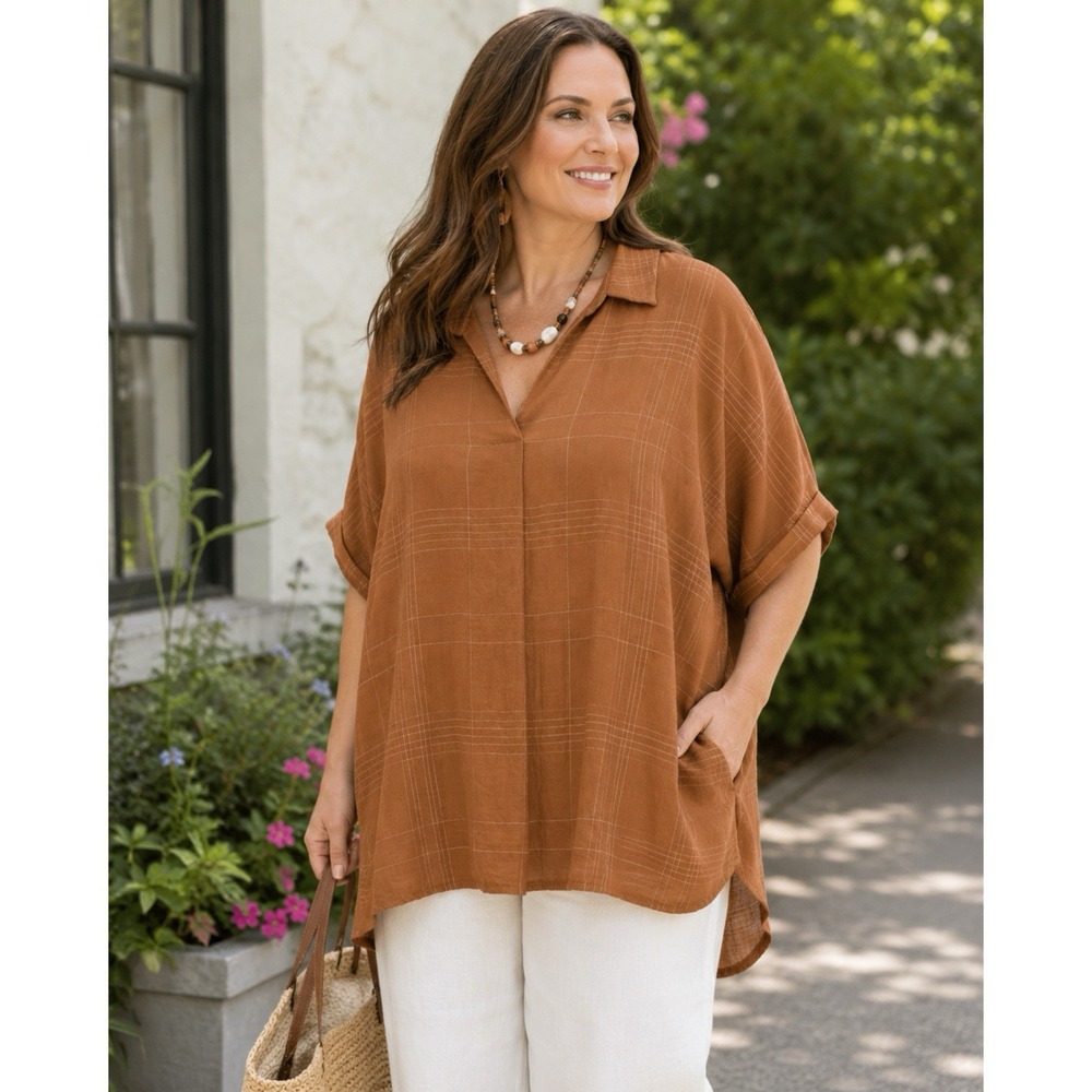 Ulla‎ Popken Tunic Top Size 32/34 Plus Size Rust Plaid Oversized Collared Blouse